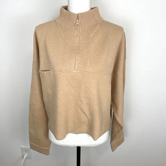 Lunya Cozy Cotton Silk Zip Pullover Sweater In Tranquil Tan Size XL New - Picture 3 of 13